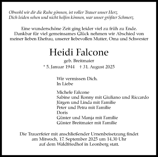 Traueranzeige von Heidi Falcone von Leonberger Kreiszeitung / Strohgäu Extra