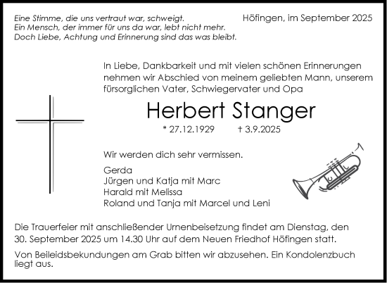 Traueranzeige von Herbert Stanger von Leonberger Kreiszeitung / Strohgäu Extra