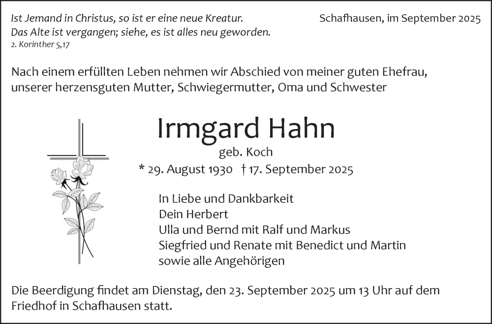  Traueranzeige für Irmgard Hahn vom 20.09.2025 aus Leonberger Kreiszeitung / Strohgäu Extra