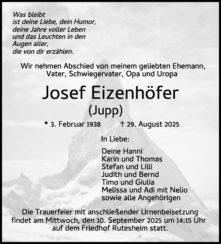  Traueranzeige für Josef Eizenhöfer vom 05.09.2025 aus Leonberger Kreiszeitung / Strohgäu Extra