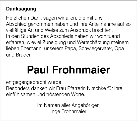 Traueranzeige von Paul Frohnmaier von Leonberger Kreiszeitung / Strohgäu Extra