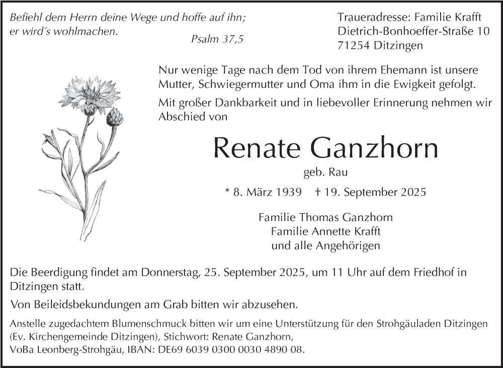  Traueranzeige für Renate Ganzhorn vom 23.09.2025 aus Leonberger Kreiszeitung / Strohgäu Extra