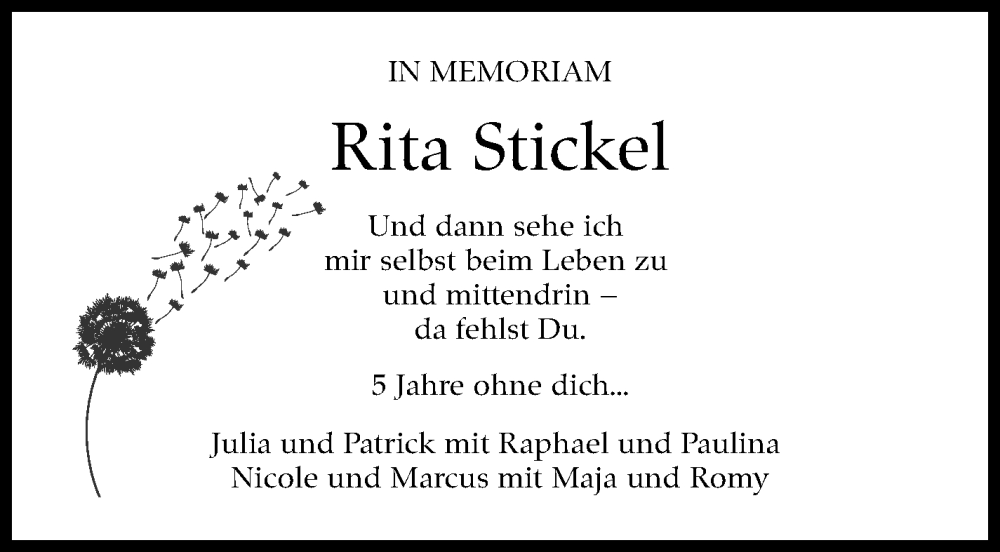  Traueranzeige für Rita Stickel vom 26.09.2025 aus Leonberger Kreiszeitung / Strohgäu Extra