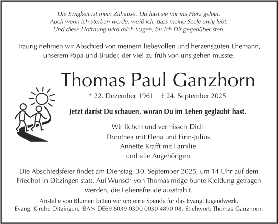 Traueranzeige von Thomas Paul Ganzhorn von Leonberger Kreiszeitung / Strohgäu Extra