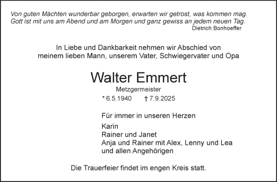 Traueranzeige von Walter Emmert von Leonberger Kreiszeitung / Strohgäu Extra