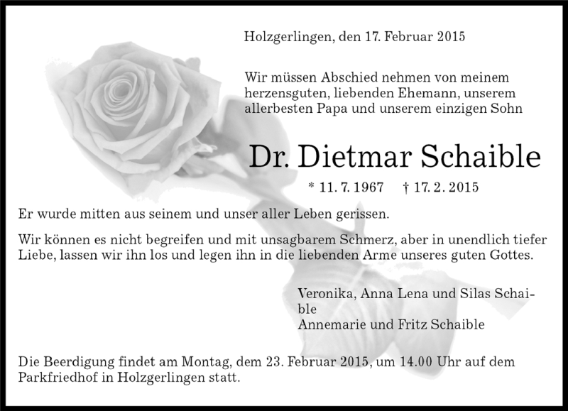  Traueranzeige für Dietmar Schaible vom 18.02.2015 aus Kreiszeitung Böblinger Bote