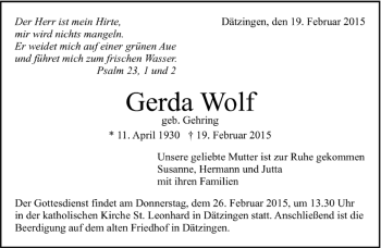Traueranzeige von Gerda Wolf von Kreiszeitung Böblinger Bote