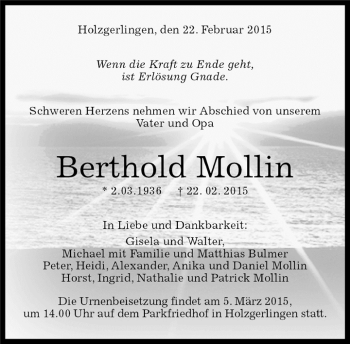 Traueranzeige von Berthold Mollin von Kreiszeitung Böblinger Bote