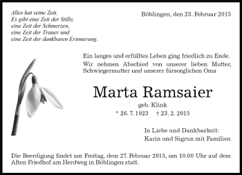 Traueranzeige von Marta Ramsaier von Kreiszeitung Böblinger Bote