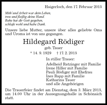 Traueranzeige von Hildegard Rödiger von Kreiszeitung Böblinger Bote