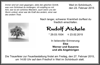 Traueranzeige von Rudolf Aichele von Kreiszeitung Böblinger Bote