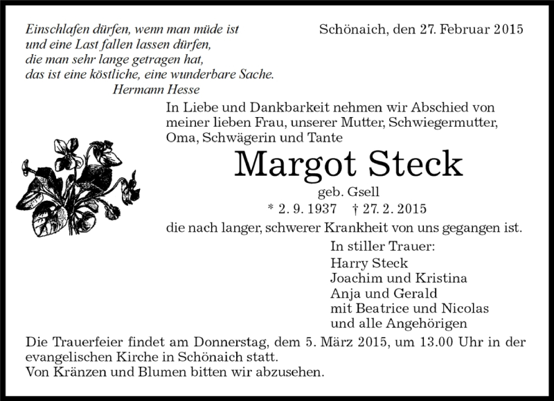  Traueranzeige für Margot Steck vom 28.02.2015 aus Kreiszeitung Böblinger Bote