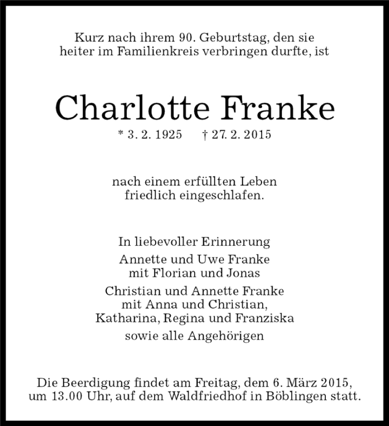  Traueranzeige für Charlotte Franke vom 03.03.2015 aus Kreiszeitung Böblinger Bote