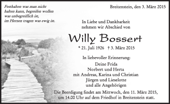 Traueranzeige von Willy Bossert von Kreiszeitung Böblinger Bote
