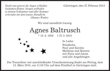 Traueranzeige von Agnes Baltrusch von Kreiszeitung Böblinger Bote