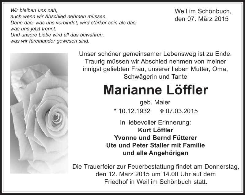  Traueranzeige für Marianne Löffler vom 10.03.2015 aus Kreiszeitung Böblinger Bote
