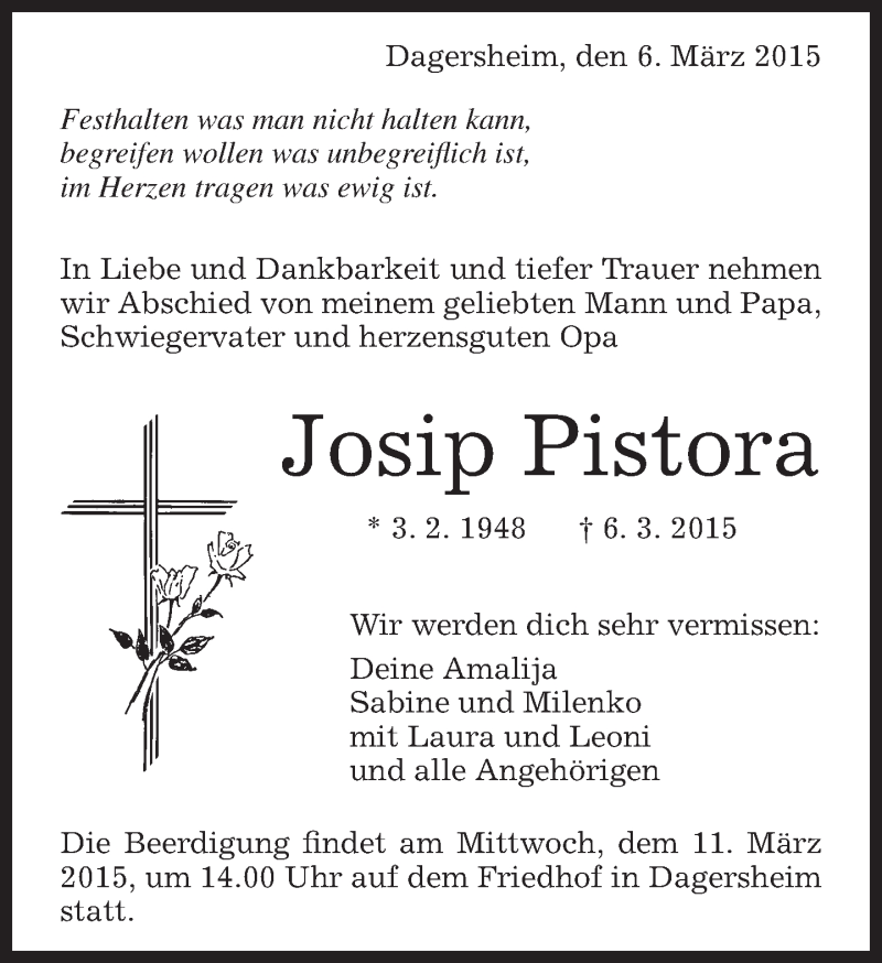  Traueranzeige für Josip Pistora vom 10.03.2015 aus Kreiszeitung Böblinger Bote