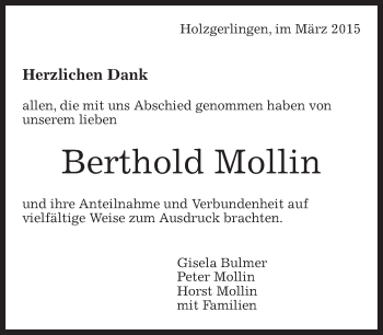 Traueranzeige von Berthold Mollin von Kreiszeitung Böblinger Bote