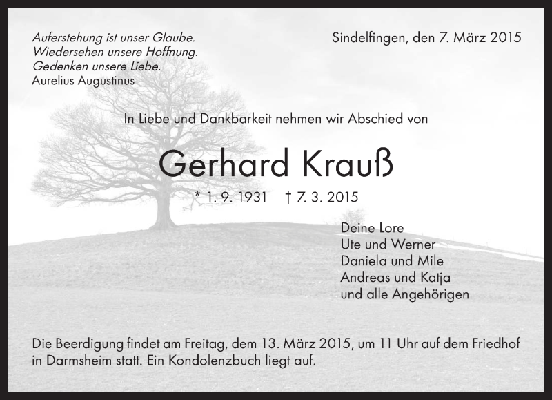  Traueranzeige für Gerhard Krauß vom 10.03.2015 aus Kreiszeitung Böblinger Bote