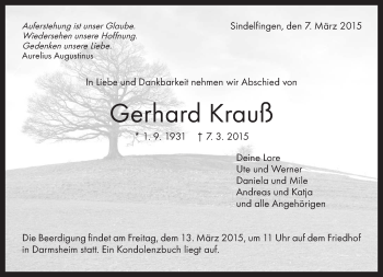Traueranzeige von Gerhard Krauß von Kreiszeitung Böblinger Bote