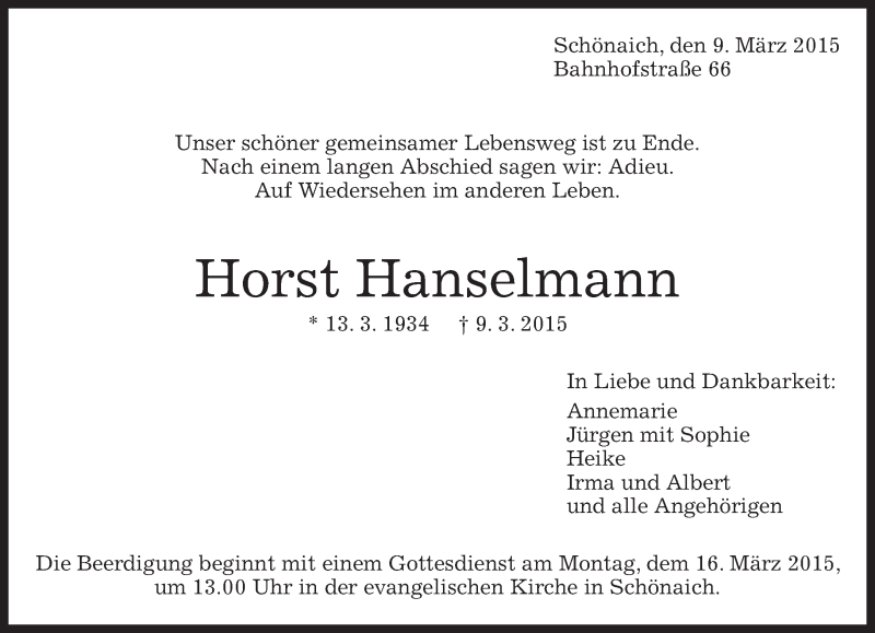  Traueranzeige für Horst Hanselmann vom 11.03.2015 aus Kreiszeitung Böblinger Bote