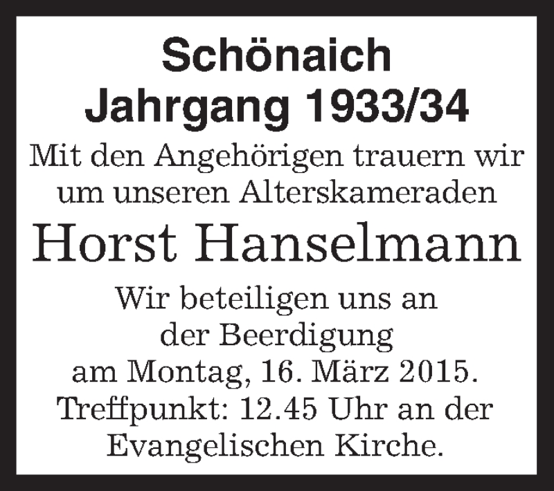  Traueranzeige für Horst Hanselmann vom 13.03.2015 aus Kreiszeitung Böblinger Bote