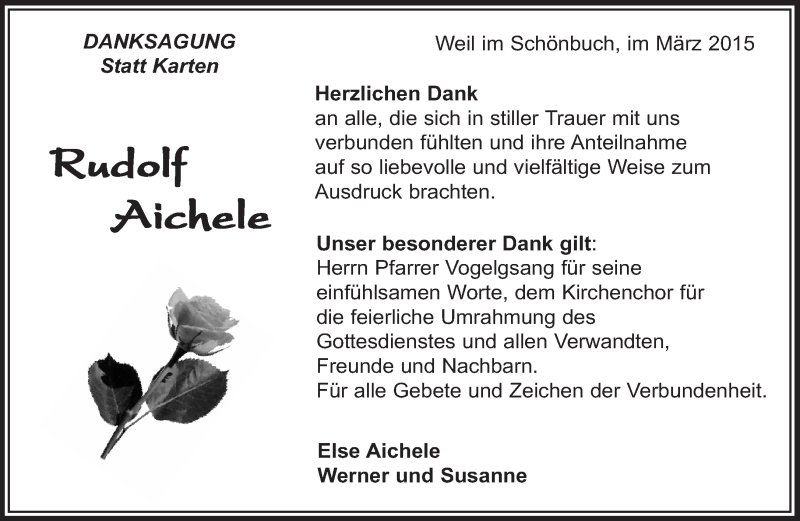  Traueranzeige für Rudolf Aichele vom 18.03.2015 aus Kreiszeitung Böblinger Bote