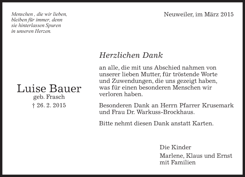  Traueranzeige für Luise Bauer vom 18.03.2015 aus Kreiszeitung Böblinger Bote