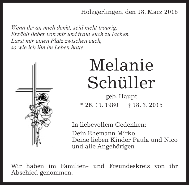  Traueranzeige für Melanie Schüller vom 27.03.2015 aus Kreiszeitung Böblinger Bote