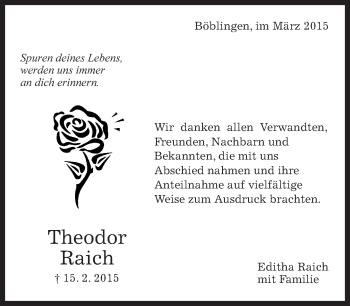 Traueranzeige von Theodor Raich von Kreiszeitung Böblinger Bote