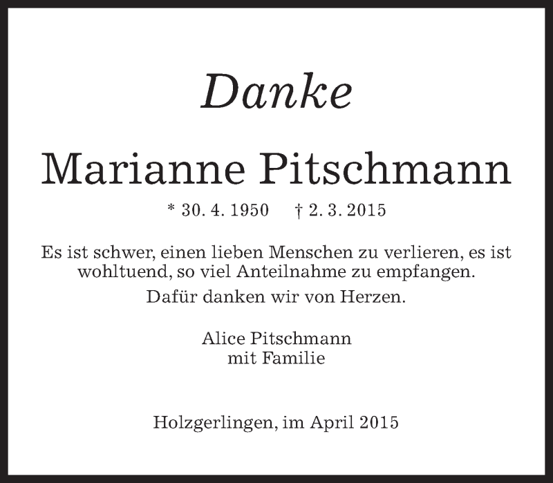  Traueranzeige für Marianne Pitschmann vom 10.04.2015 aus Kreiszeitung Böblinger Bote