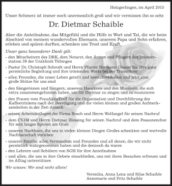Traueranzeige von Dietmar Schaible von Kreiszeitung Böblinger Bote