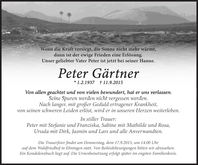  Traueranzeige für Peter Gärtner vom 15.09.2015 aus Kreiszeitung Böblinger Bote