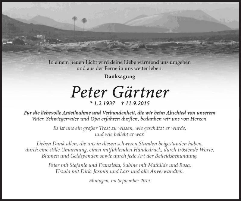  Traueranzeige für Peter Gärtner vom 29.09.2015 aus Kreiszeitung Böblinger Bote