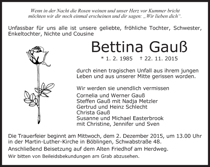  Traueranzeige für Bettina Gauß vom 28.11.2015 aus Kreiszeitung Böblinger Bote