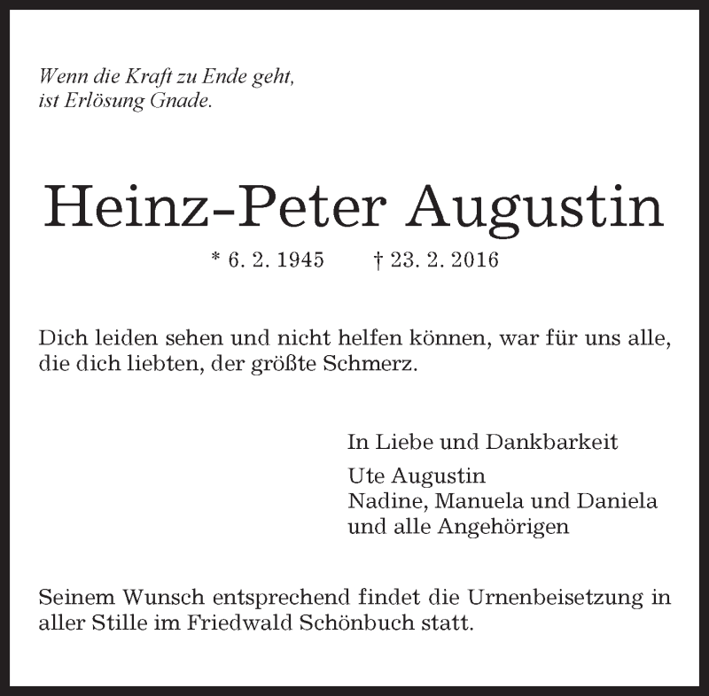  Traueranzeige für Heinz-Peter Augustin vom 27.02.2016 aus Kreiszeitung Böblinger Bote