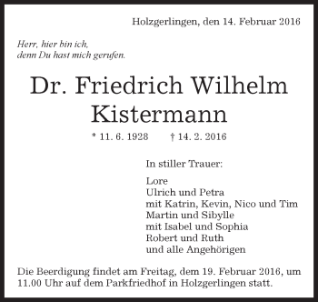 Traueranzeige von Friedrich Wilhelm Kistermann von Kreiszeitung Böblinger Bote