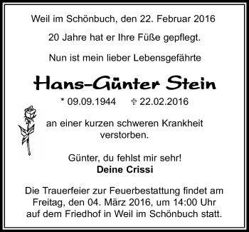 Traueranzeige von Hans-Günter Stein von Kreiszeitung Böblinger Bote