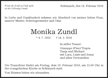 Traueranzeige von Monika Zundl von Kreiszeitung Böblinger Bote