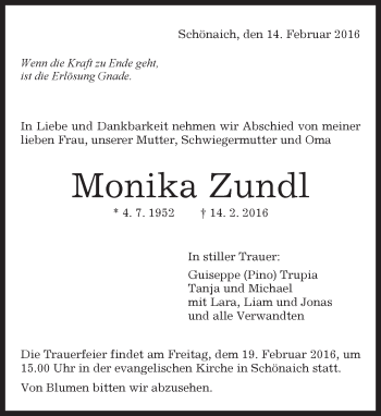 Traueranzeige von Monika Zundl von Kreiszeitung Böblinger Bote