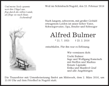 Traueranzeige von Alfred Bulmer von Kreiszeitung Böblinger Bote