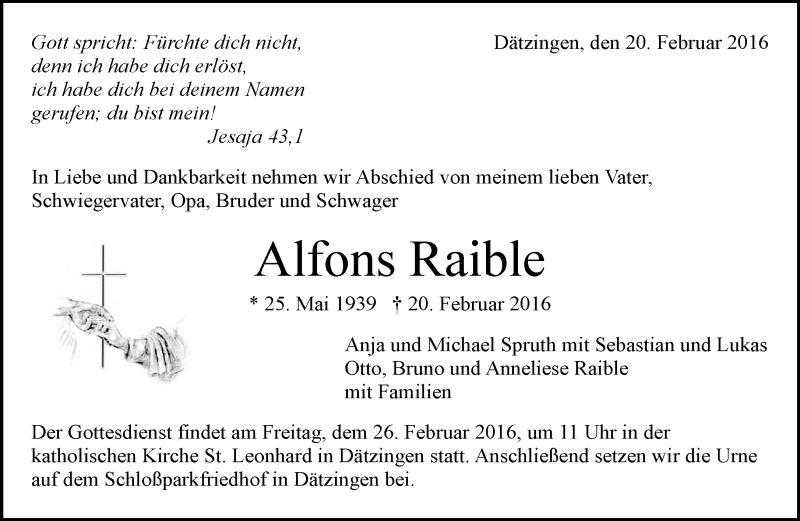  Traueranzeige für Alfons Raible vom 24.02.2016 aus Kreiszeitung Böblinger Bote