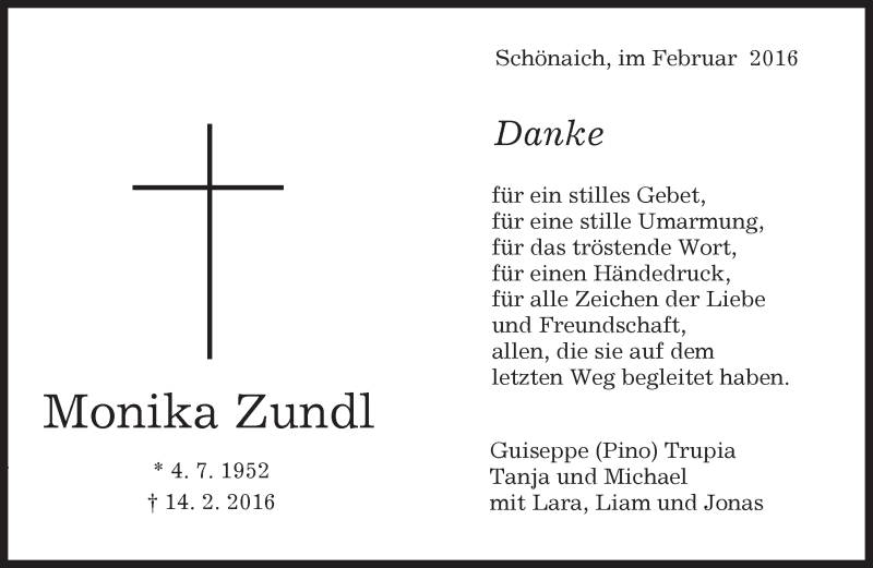  Traueranzeige für Monika Zundl vom 25.02.2016 aus Kreiszeitung Böblinger Bote