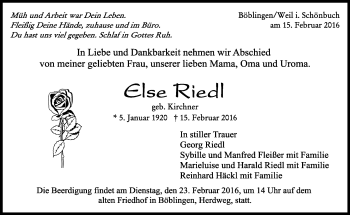 Traueranzeige von Else Riedl von Kreiszeitung Böblinger Bote