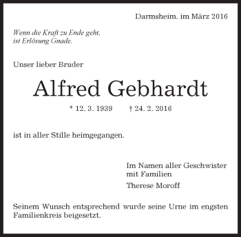 Traueranzeige von Alfred Gebhardt von Kreiszeitung Böblinger Bote