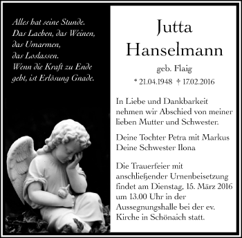 Traueranzeige von Jutta Hanselmann von Kreiszeitung Böblinger Bote