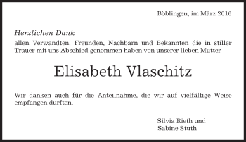 Traueranzeige von Elisabeth Vlaschitz von Kreiszeitung Böblinger Bote
