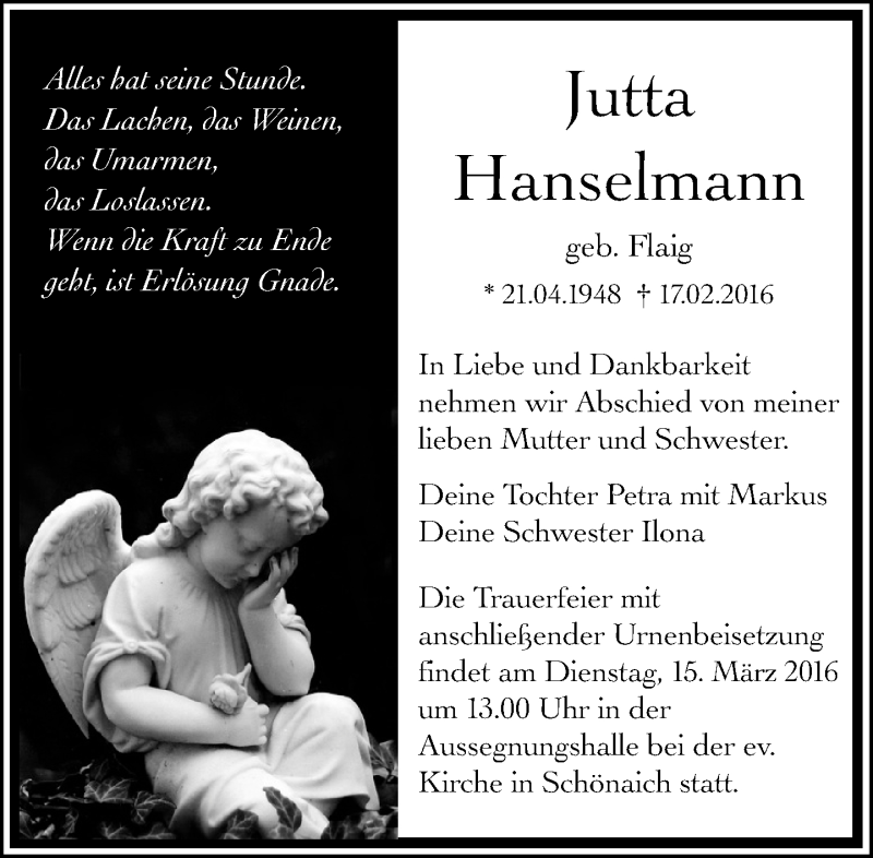  Traueranzeige für Jutta Hanselmann vom 10.03.2016 aus Kreiszeitung Böblinger Bote