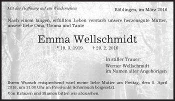 Traueranzeige von Emma Wellschmidt von Kreiszeitung Böblinger Bote