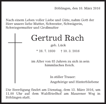 Traueranzeige von Gertrud Rach von Kreiszeitung Böblinger Bote